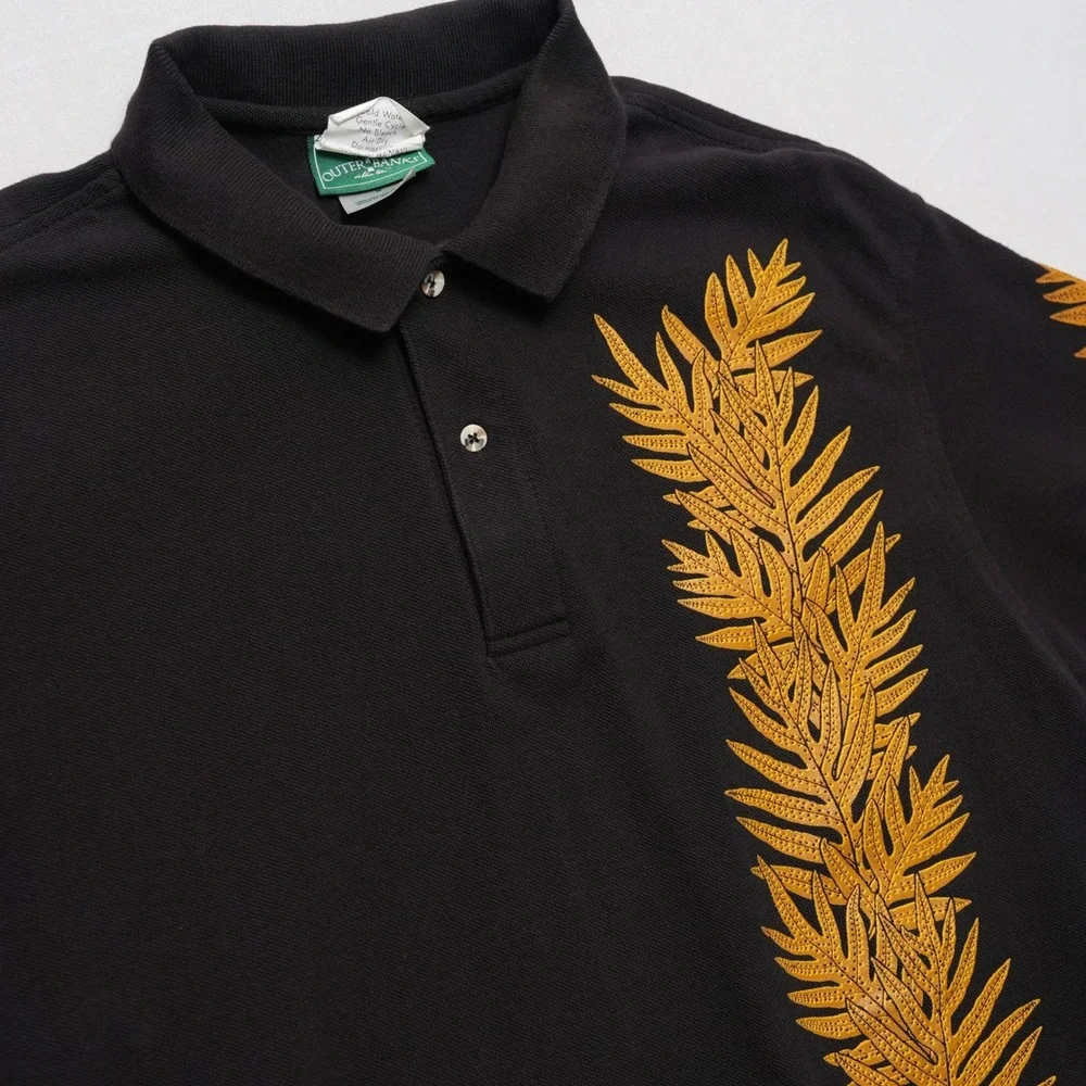 Na Makua Hawaii Polo Mens Medium Black Gold Fern Tropical Aloha Shirt